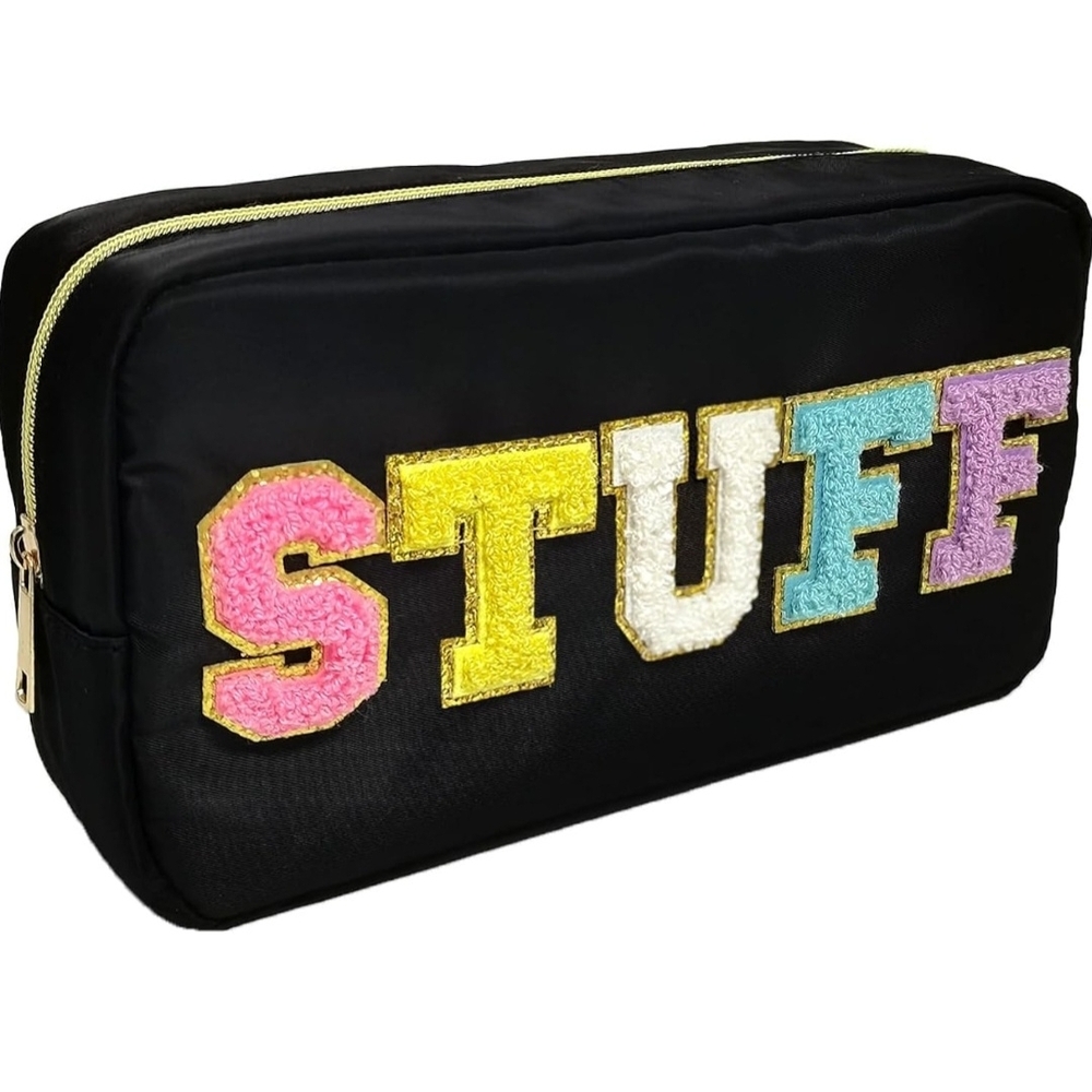 Black Cosmetic Bag with Colorful 'STUFF'‎ Design